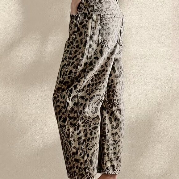 Women's Loose Wide-Leg Low-Rise Washed Denim Leopard Print Jeans Size XL - Picture 4 of 4